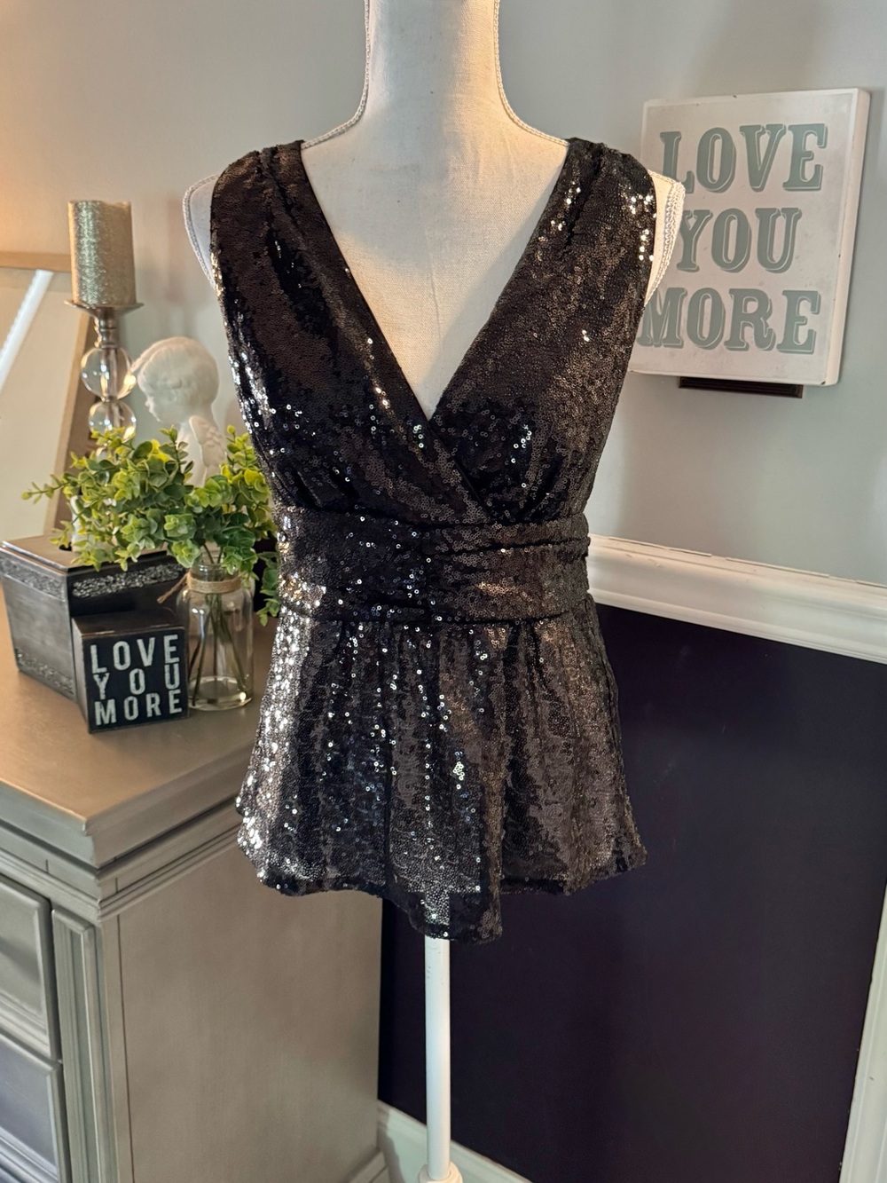 Eva Mendes Black Sequin Peplum Party Top Small